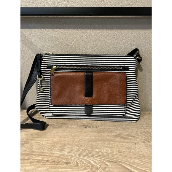 Fossil Kinley Striped Leather Zip Closure Convertible Crossbody Satchel Purse - Picture 3 of 10